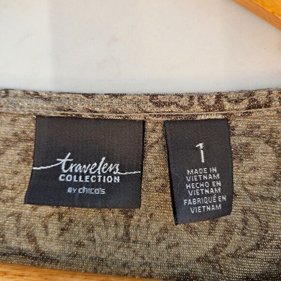 Chico's Travelers Asymmetrical Hem Gold Metallic Scroll Print Tunic Medium Sz 1 - Picture 4 of 8